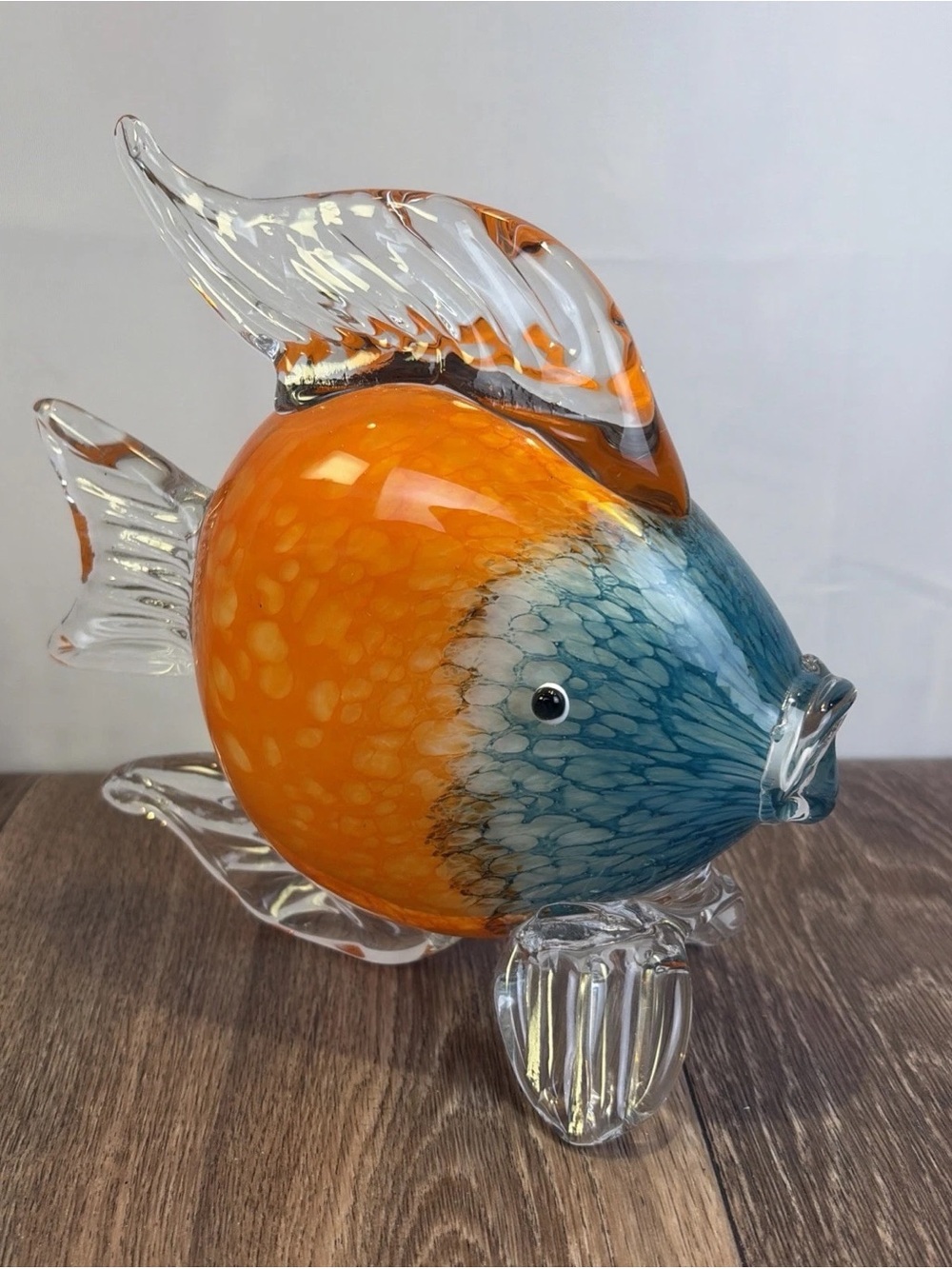 Hand Blown Art Glass Fish Figurine Sculpture Blue Orange Tropical Ocean Decor 8"